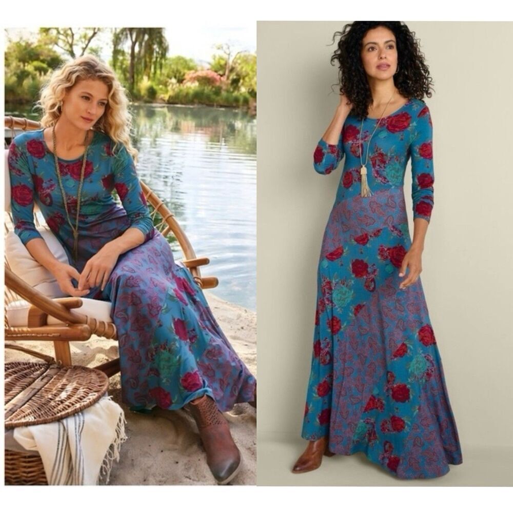 Soft Surroundings Teal Blue Floral Maxi Dress